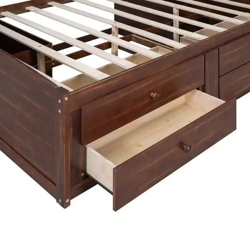 Cama Capitán/Sofá Cama Antiguo Marrón Tamaño Completo, Cajones de Almacenamiento y Estantes, Capacidad 1 persona