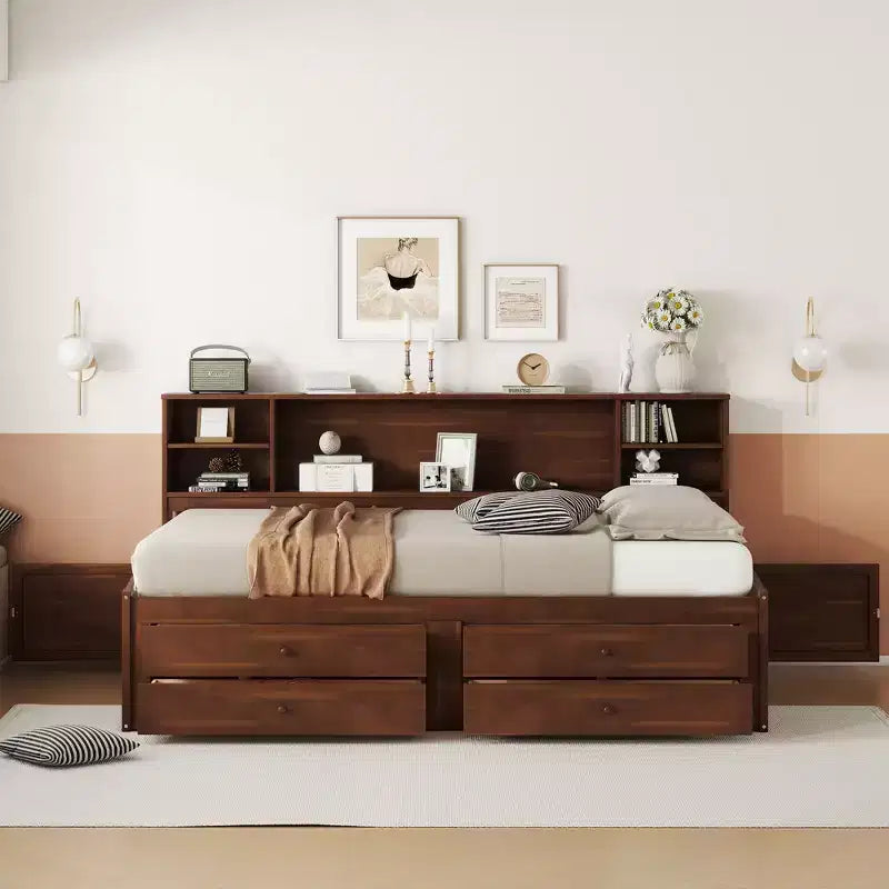 Cama Capitán/Sofá Cama Antiguo Marrón Tamaño Completo, Cajones de Almacenamiento y Estantes, Capacidad 1 persona