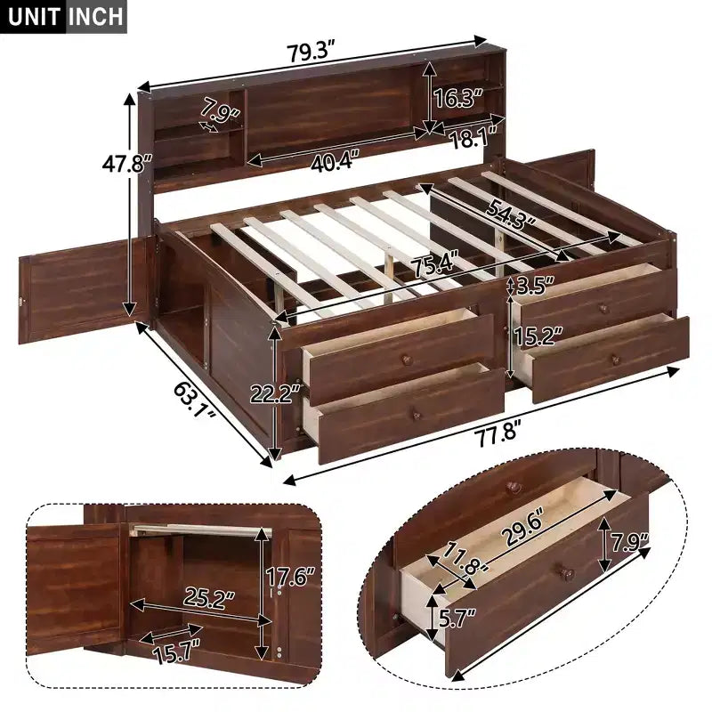 Cama Capitán/Sofá Cama Antiguo Marrón Tamaño Completo, Cajones de Almacenamiento y Estantes, Capacidad 1 persona
