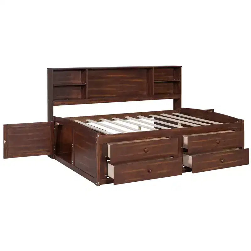 Cama Capitán/Sofá Cama Antiguo Marrón Tamaño Completo, Cajones de Almacenamiento y Estantes, Capacidad 1 persona