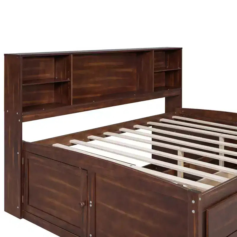 Cama Capitán/Sofá Cama Antiguo Marrón Tamaño Completo, Cajones de Almacenamiento y Estantes, Capacidad 1 persona