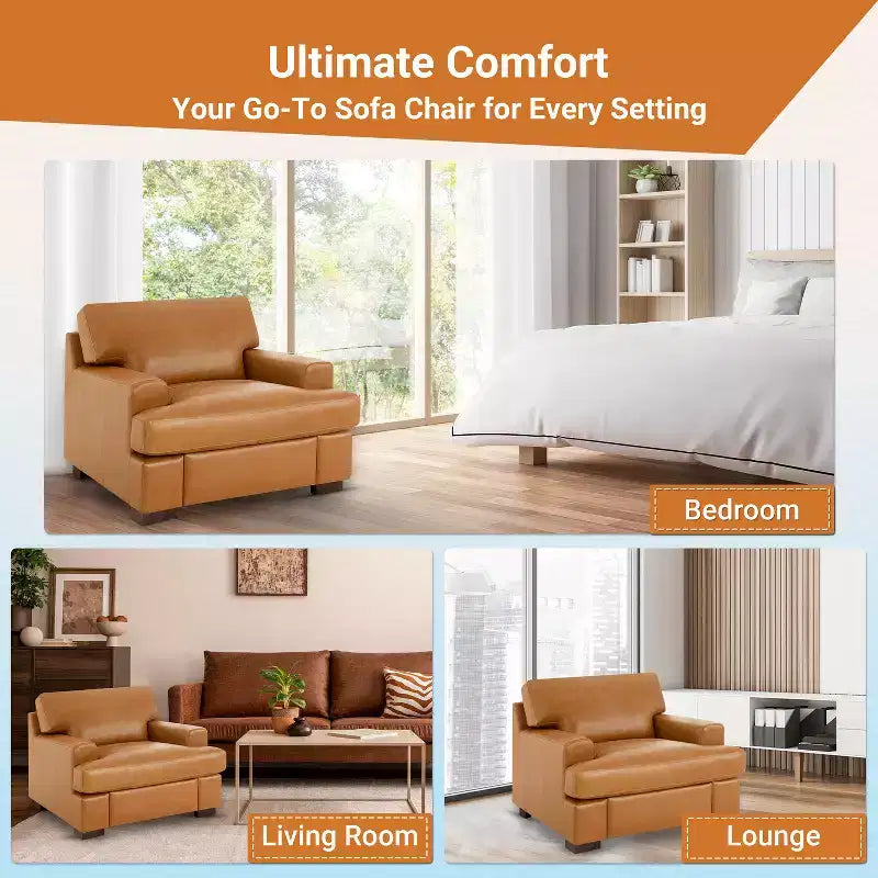 Sillón decorativo de piel auténtica color café espresso/marrón claro – Asiento individual, juego de 1 o 2
