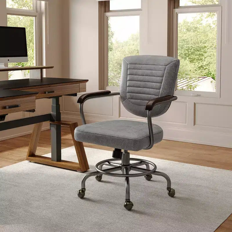 Sillón de oficina giratorio de piel sintética gris, altura ajustable, para 1 persona