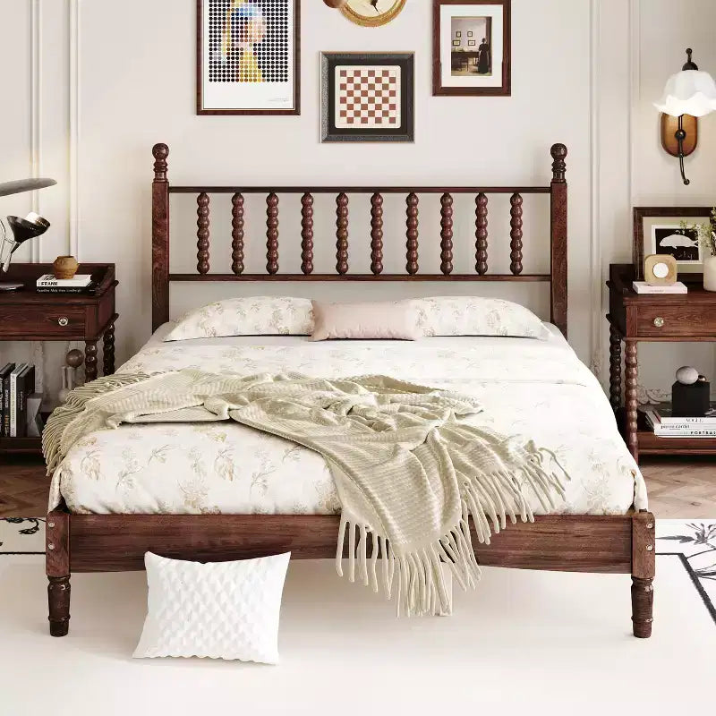 Cama Plataforma de Madera Marrón, Cabecero de Calabaza, Queen, Capacidad 2 personas