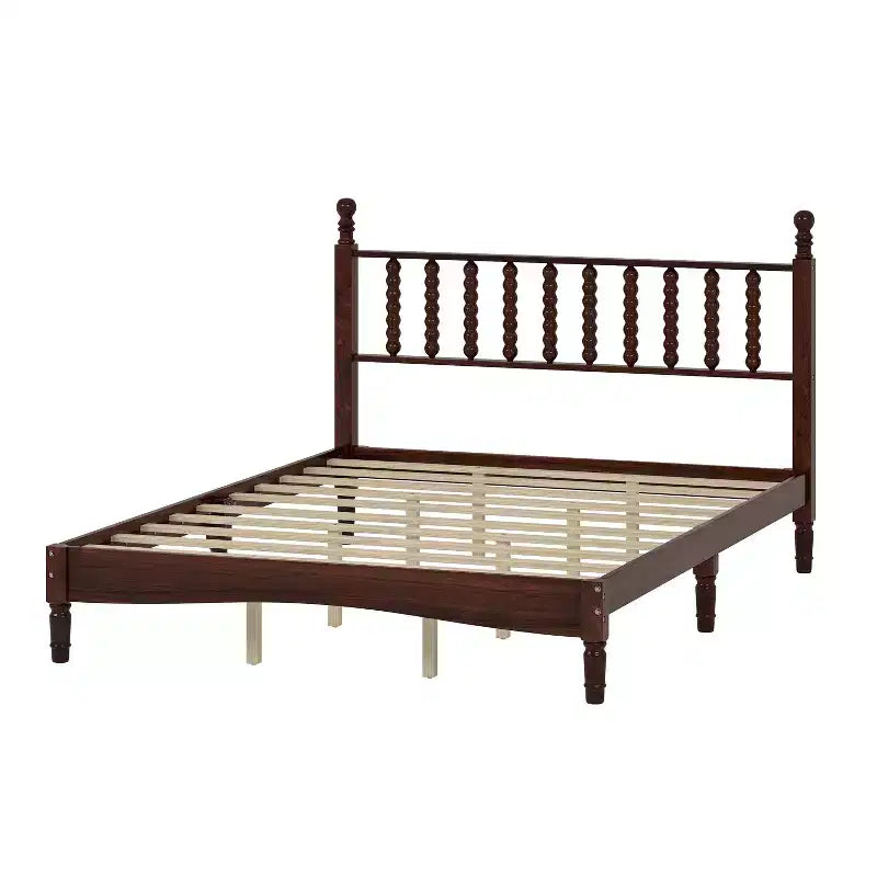 Cama Plataforma de Madera Marrón, Cabecero de Calabaza, Queen, Capacidad 2 personas