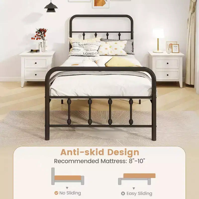 Base de cama de metal victoriana negra con cabecero, 1 persona – Twin/Full/Queen/King