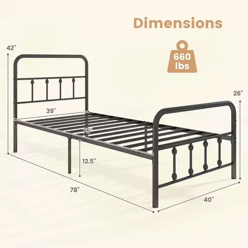 Base de cama de metal victoriana negra con cabecero, 1 persona – Twin/Full/Queen/King