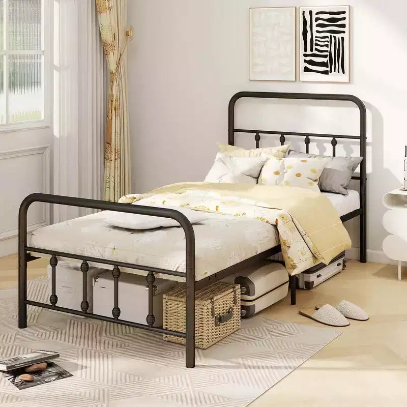Base de cama de metal victoriana negra con cabecero, 1 persona – Twin/Full/Queen/King