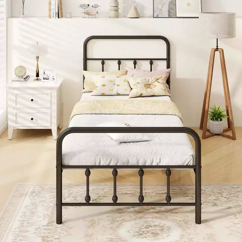 Base de cama de metal victoriana negra con cabecero, 1 persona – Twin/Full/Queen/King