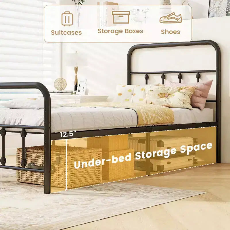 Base de cama de metal victoriana negra con cabecero, 1 persona – Twin/Full/Queen/King