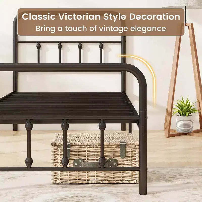 Base de cama de metal victoriana negra con cabecero, 1 persona – Twin/Full/Queen/King