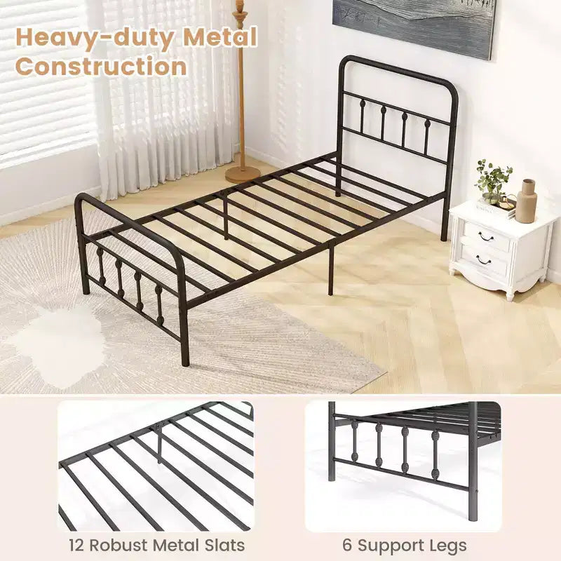 Base de cama de metal victoriana negra con cabecero, 1 persona – Twin/Full/Queen/King