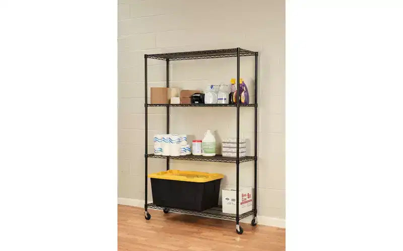 Estantería de alambre negra de 4 baldas con ruedas, 122 cm AN x 46 cm PR x 183 cm AL