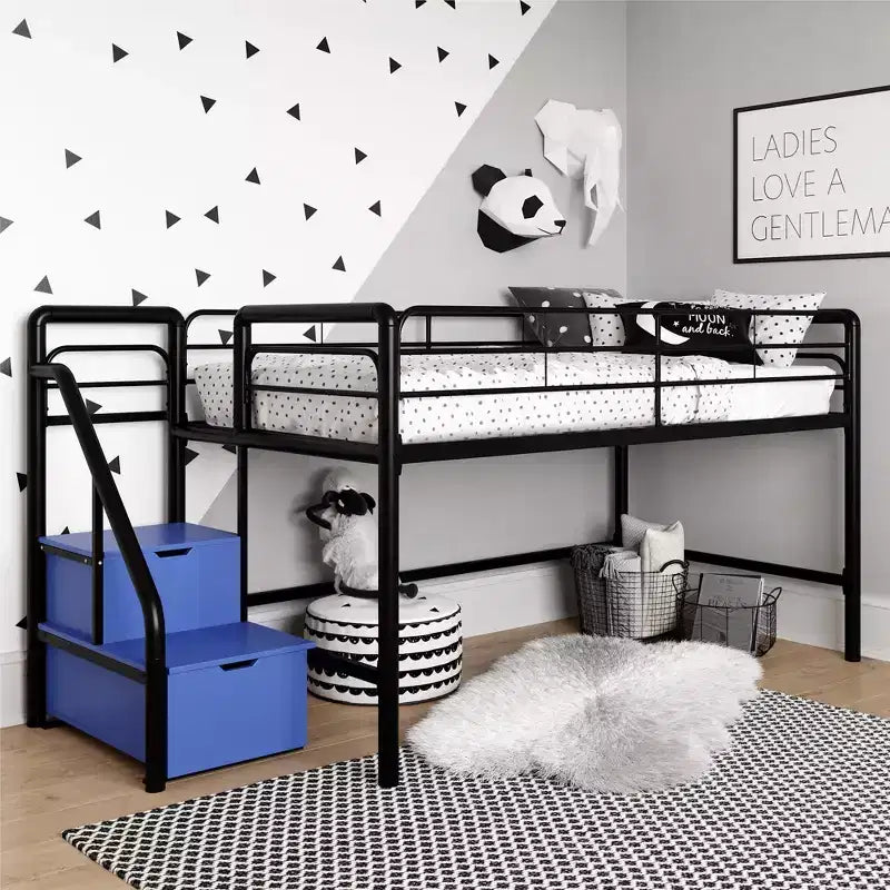Cama alta metálica doble negra con escalones de almacenamiento, 1 persona