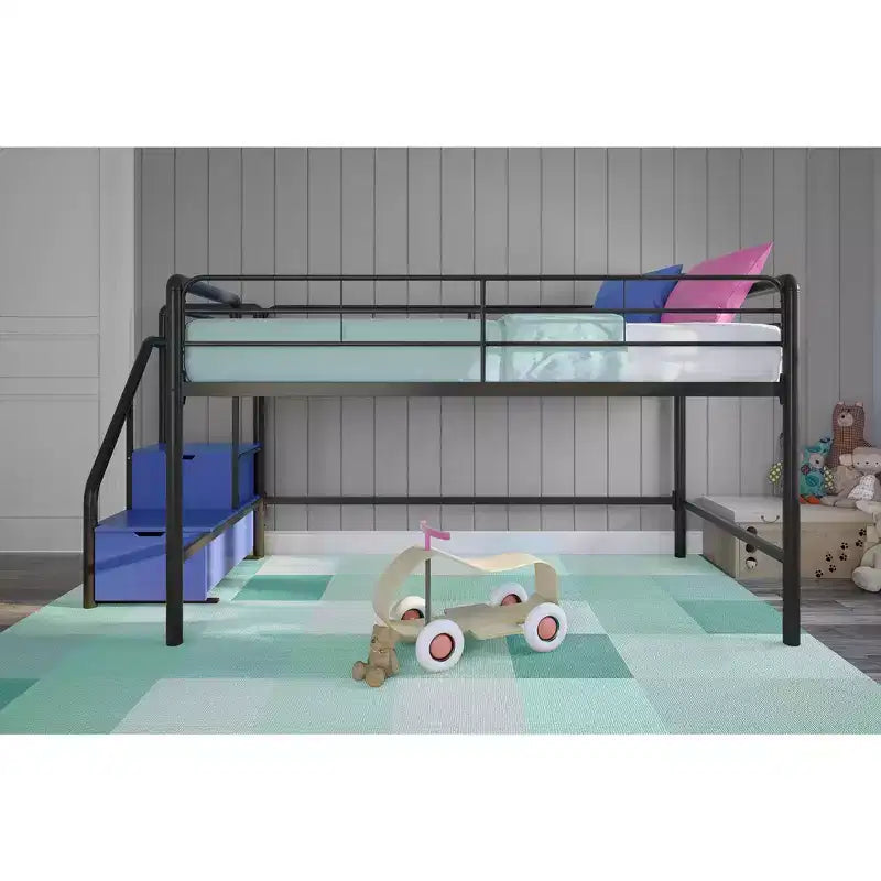 Cama alta metálica doble negra con escalones de almacenamiento, 1 persona