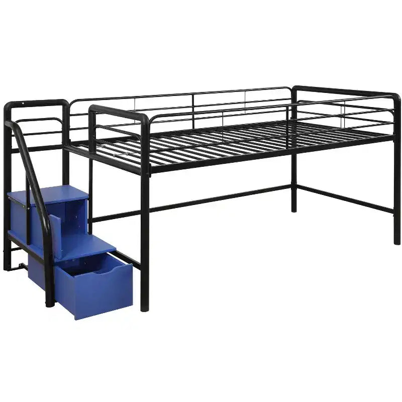 Cama alta metálica doble negra con escalones de almacenamiento, 1 persona