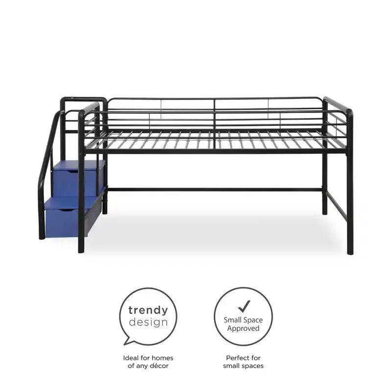 Cama alta metálica doble negra con escalones de almacenamiento, 1 persona