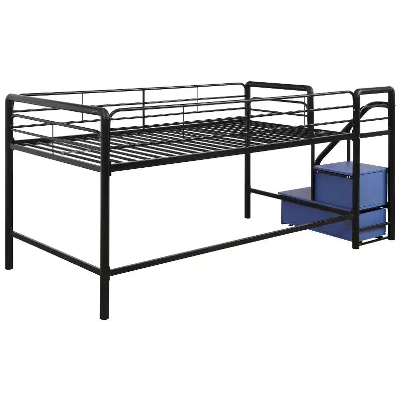 Cama alta metálica doble negra con escalones de almacenamiento, 1 persona