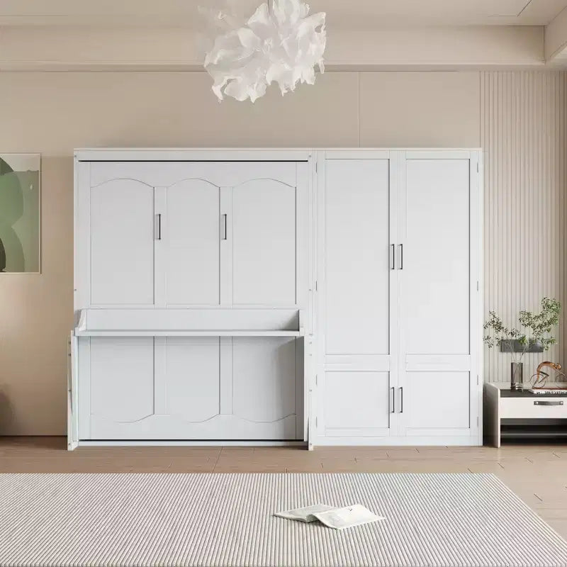 Gris/Blanco, Cama Murphy Plegable con Armario, Queen, 2 personas