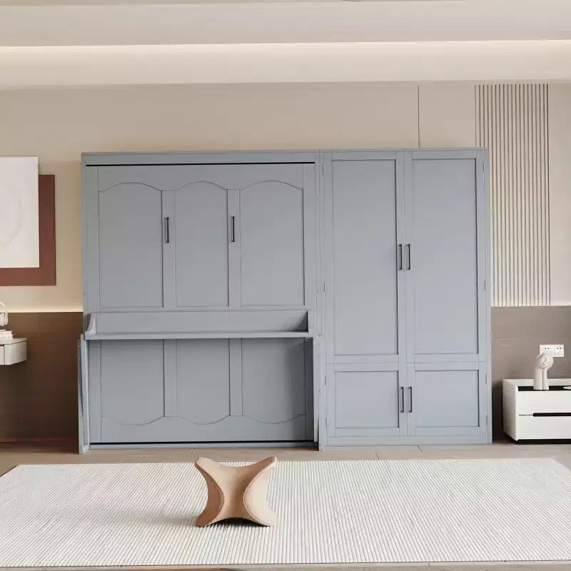 Gris/Blanco, Cama Murphy Plegable con Armario, Queen, 2 personas