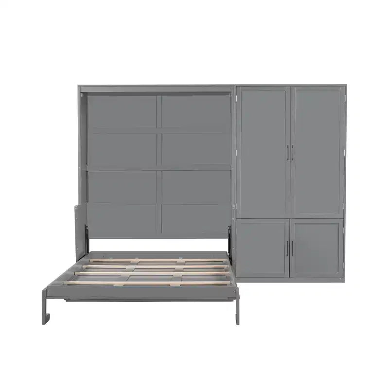 Gris/Blanco, Cama Murphy Plegable con Armario, Queen, 2 personas