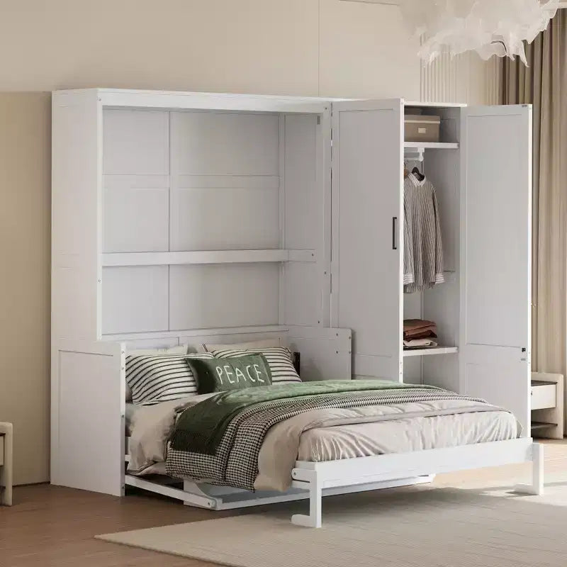 Gris/Blanco, Cama Murphy Plegable con Armario, Queen, 2 personas
