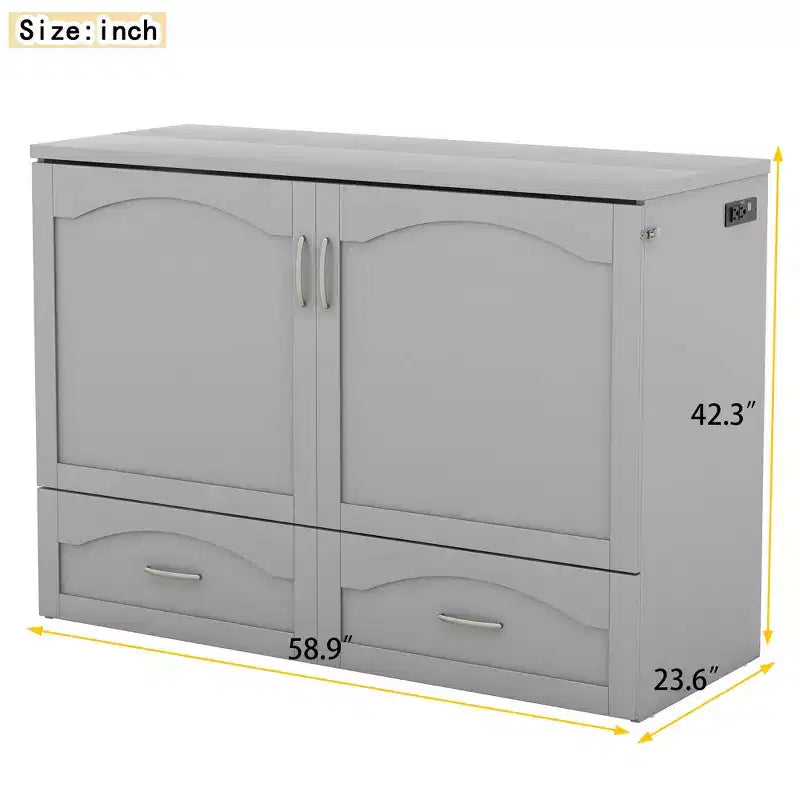 Cama Murphy de pared gris/blanco con gabinete, cajones y puertos USB – Matrimonial/Queen, 1–2 personas