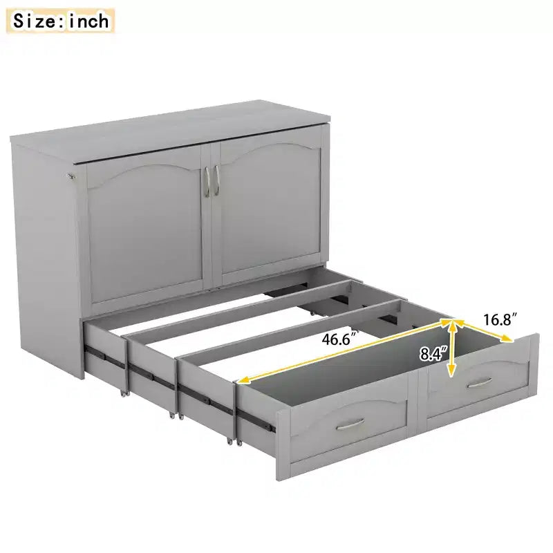 Cama Murphy de pared gris/blanco con gabinete, cajones y puertos USB – Matrimonial/Queen, 1–2 personas