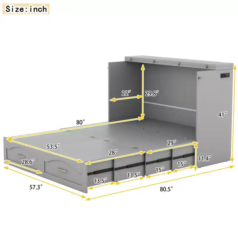 Cama Murphy de pared gris/blanco con gabinete, cajones y puertos USB – Matrimonial/Queen, 1–2 personas