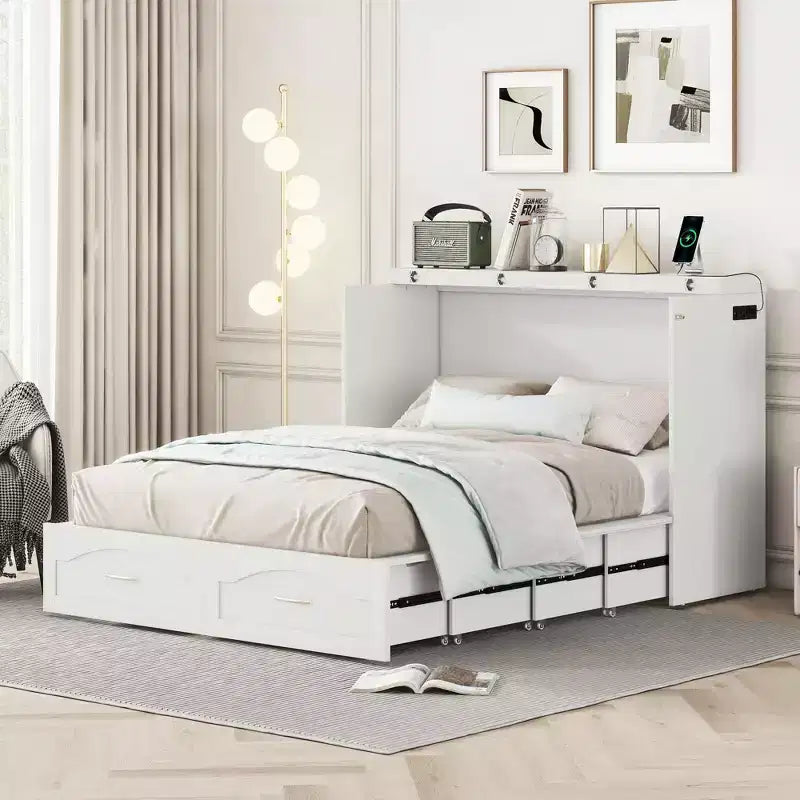 Cama Murphy de pared gris/blanco con gabinete, cajones y puertos USB – Matrimonial/Queen, 1–2 personas