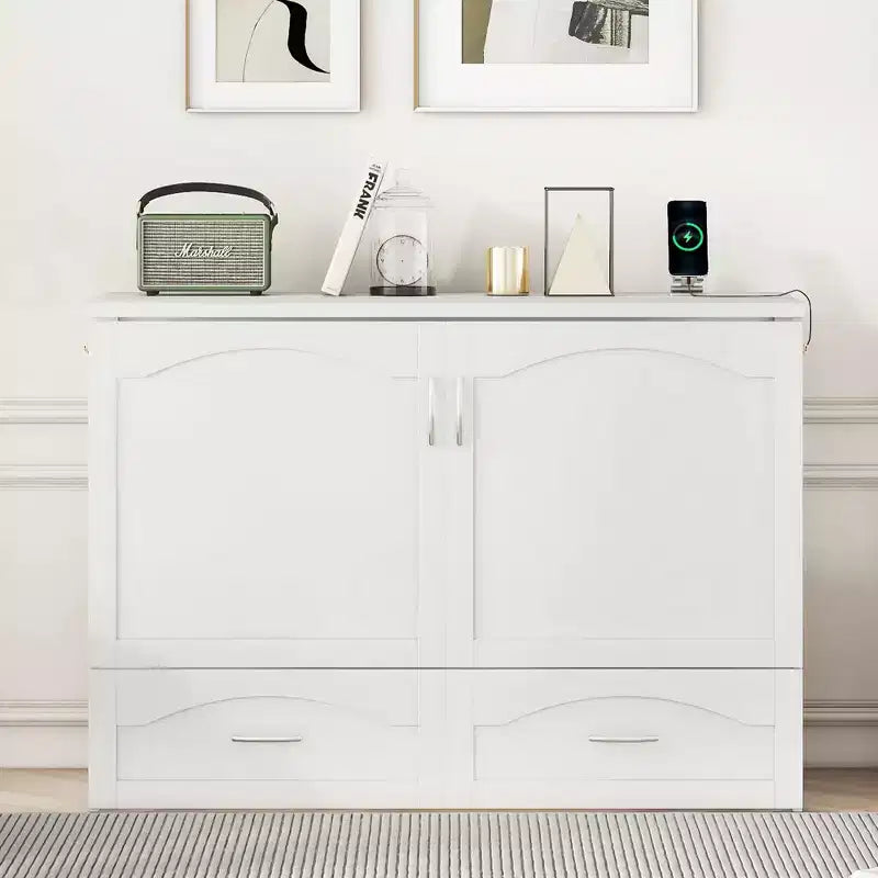 Cama Murphy de pared gris/blanco con gabinete, cajones y puertos USB – Matrimonial/Queen, 1–2 personas