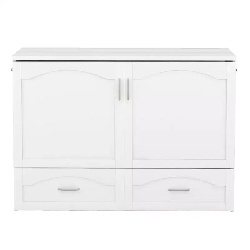 Cama Murphy de pared gris/blanco con gabinete, cajones y puertos USB – Matrimonial/Queen, 1–2 personas