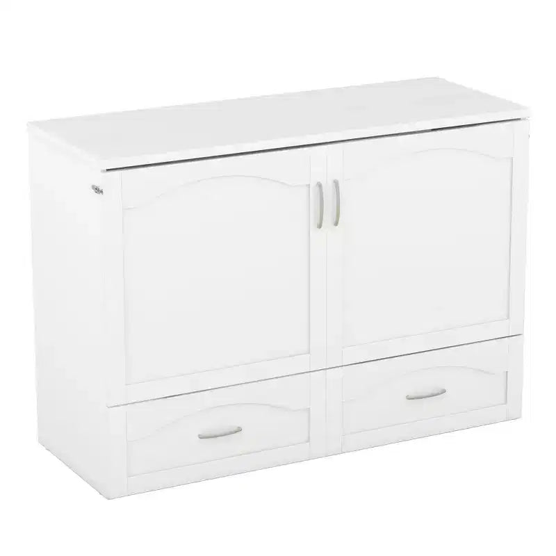 Cama Murphy de pared gris/blanco con gabinete, cajones y puertos USB – Matrimonial/Queen, 1–2 personas