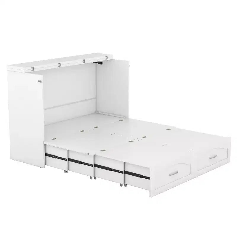 Cama Murphy de pared gris/blanco con gabinete, cajones y puertos USB – Matrimonial/Queen, 1–2 personas