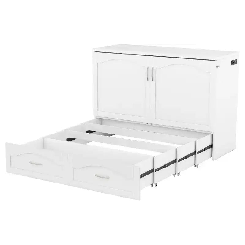 Cama Murphy de pared gris/blanco con gabinete, cajones y puertos USB – Matrimonial/Queen, 1–2 personas