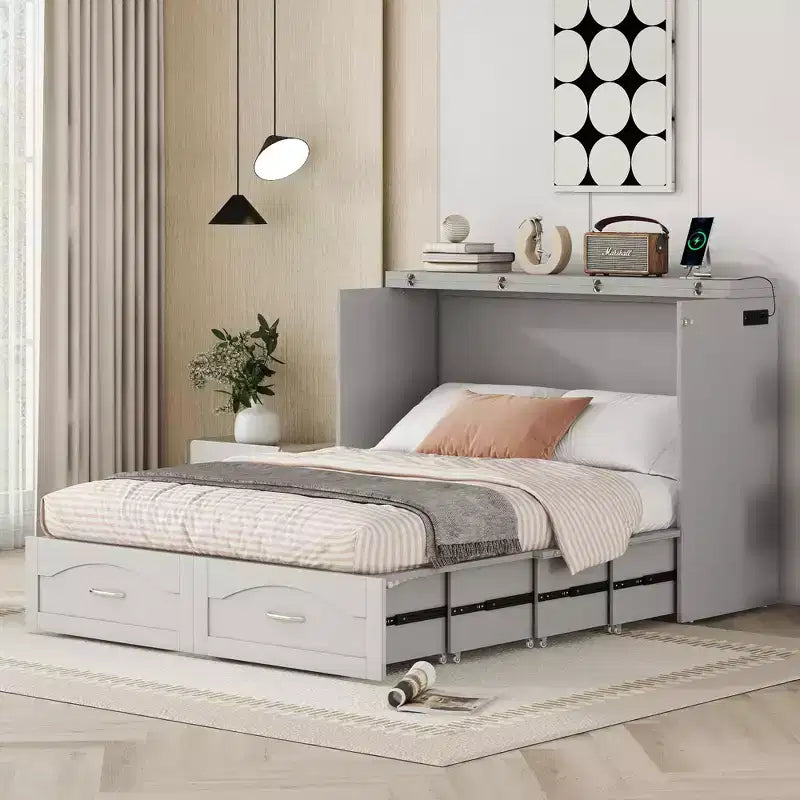 Cama Murphy de pared gris/blanco con gabinete, cajones y puertos USB – Matrimonial/Queen, 1–2 personas