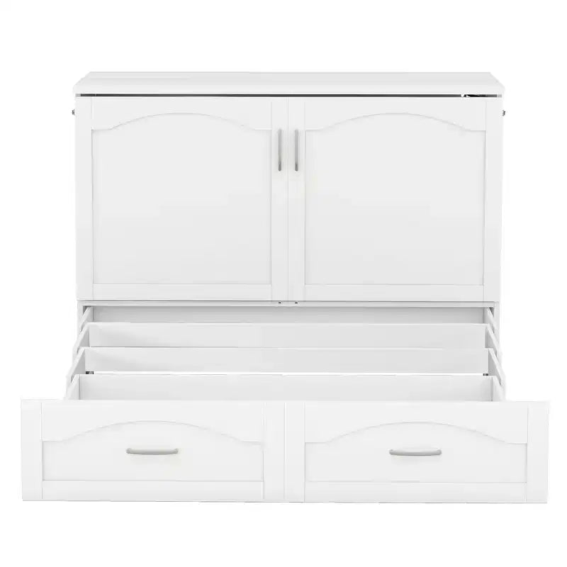 Cama Murphy de pared gris/blanco con gabinete, cajones y puertos USB – Matrimonial/Queen, 1–2 personas
