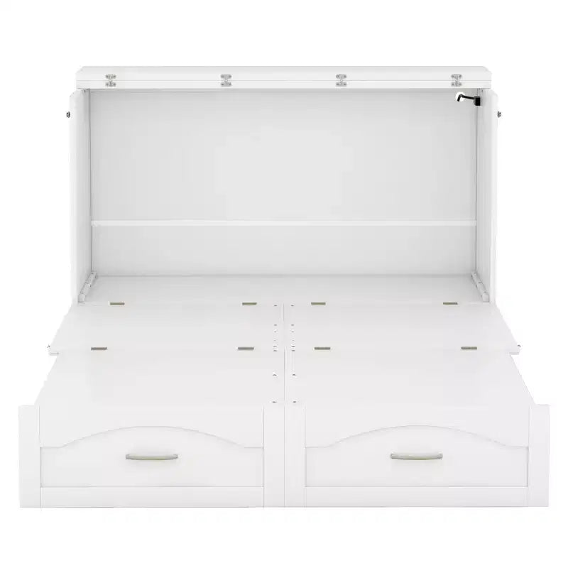 Cama Murphy de pared gris/blanco con gabinete, cajones y puertos USB – Matrimonial/Queen, 1–2 personas