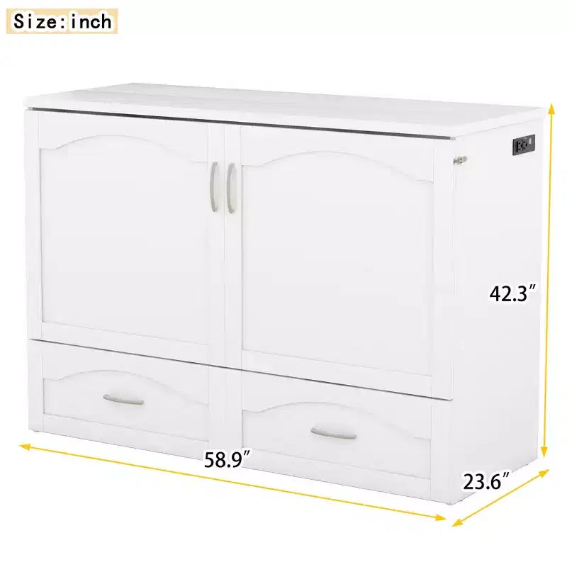 Cama Murphy de pared gris/blanco con gabinete, cajones y puertos USB – Matrimonial/Queen, 1–2 personas