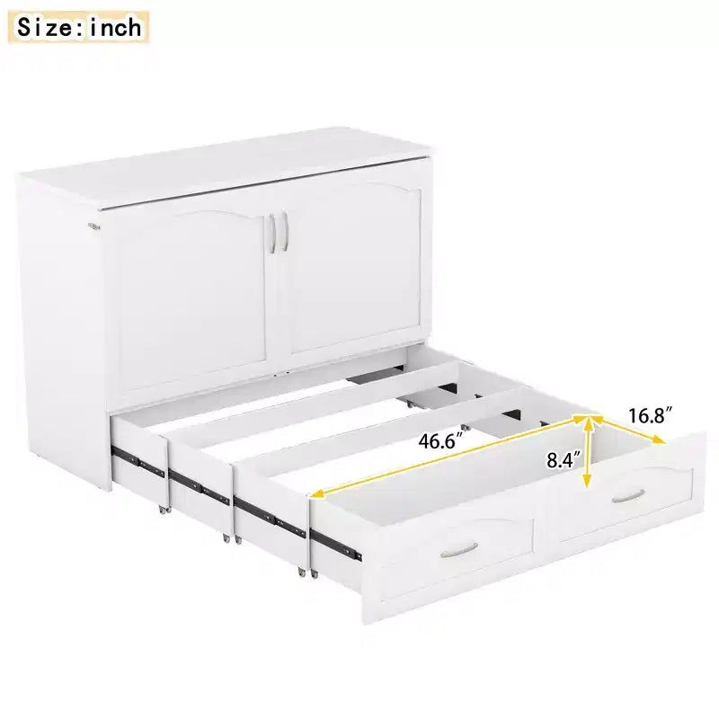 Cama Murphy de pared gris/blanco con gabinete, cajones y puertos USB – Matrimonial/Queen, 1–2 personas