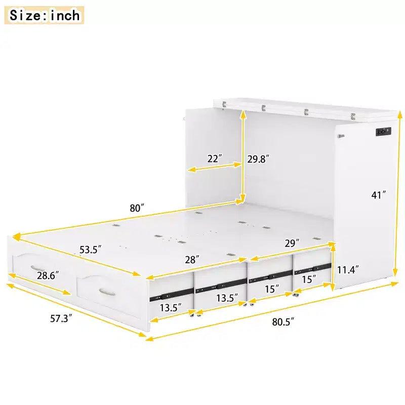 Cama Murphy de pared gris/blanco con gabinete, cajones y puertos USB – Matrimonial/Queen, 1–2 personas