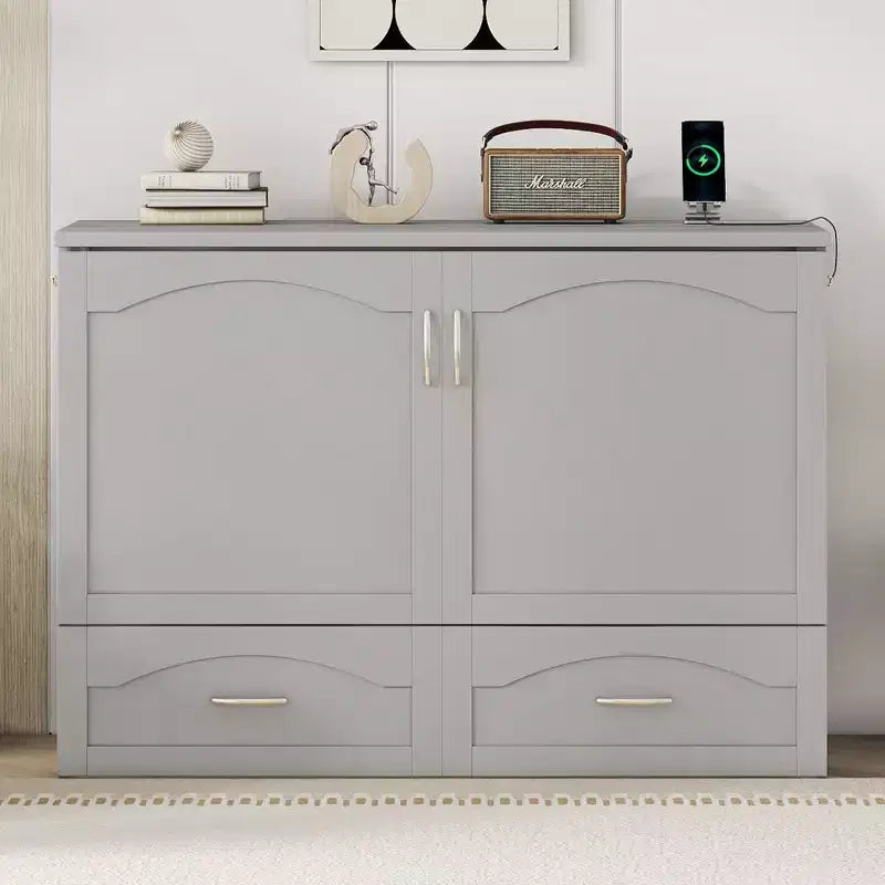 Cama Murphy de pared gris/blanco con gabinete, cajones y puertos USB – Matrimonial/Queen, 1–2 personas