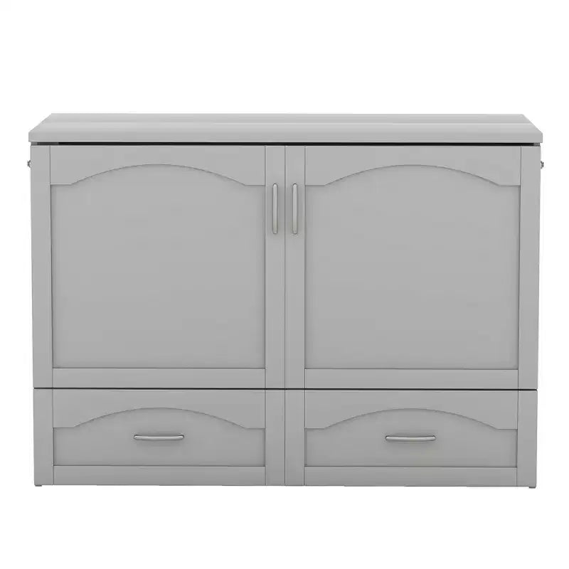 Cama Murphy de pared gris/blanco con gabinete, cajones y puertos USB – Matrimonial/Queen, 1–2 personas