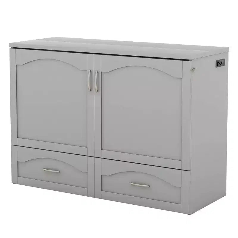 Cama Murphy de pared gris/blanco con gabinete, cajones y puertos USB – Matrimonial/Queen, 1–2 personas