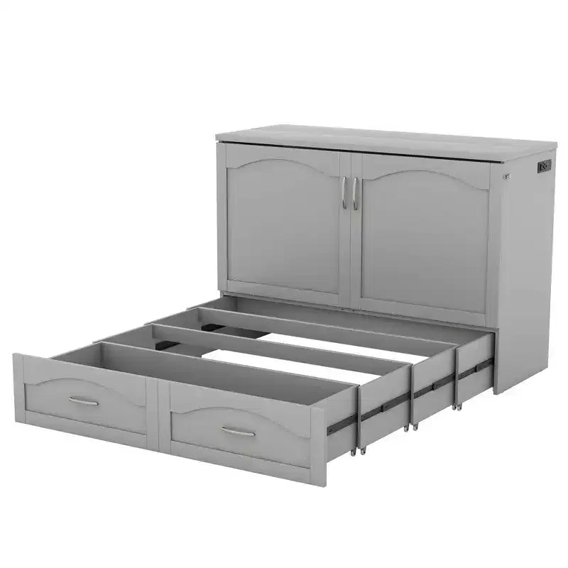 Cama Murphy de pared gris/blanco con gabinete, cajones y puertos USB – Matrimonial/Queen, 1–2 personas