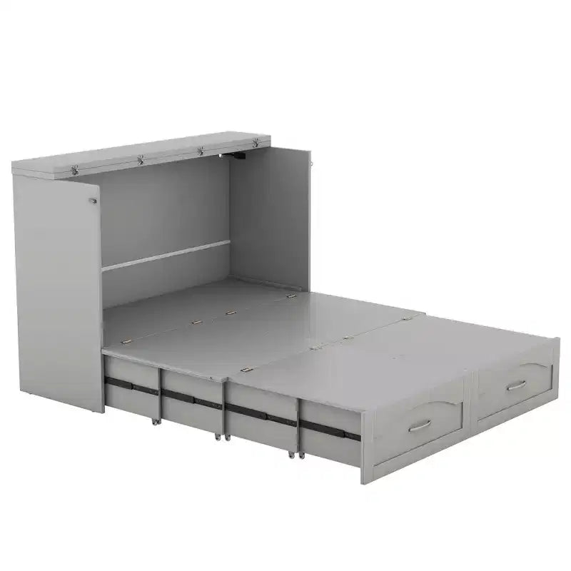 Cama Murphy de pared gris/blanco con gabinete, cajones y puertos USB – Matrimonial/Queen, 1–2 personas