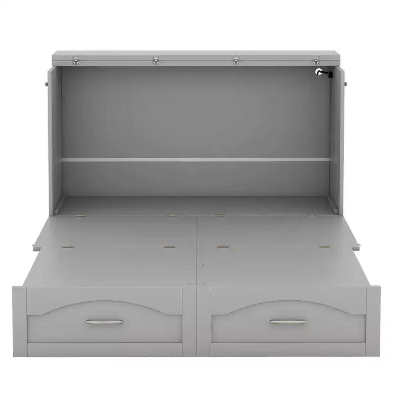 Cama Murphy de pared gris/blanco con gabinete, cajones y puertos USB – Matrimonial/Queen, 1–2 personas