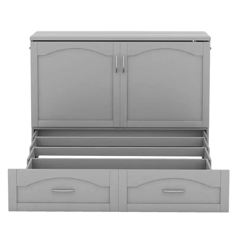 Cama Murphy de pared gris/blanco con gabinete, cajones y puertos USB – Matrimonial/Queen, 1–2 personas