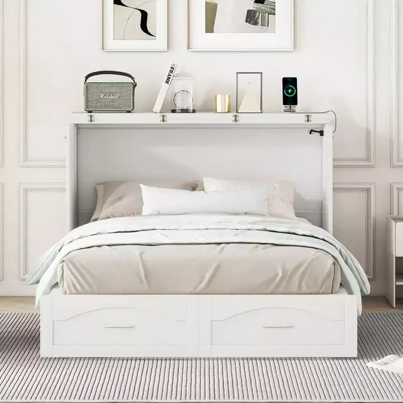 Cama Murphy de pared gris/blanco con gabinete, cajones y puertos USB – Matrimonial/Queen, 1–2 personas