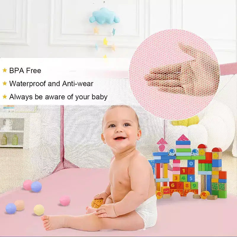 Corral de 6 paneles para bebé, azul/gris/rosa, 1 niño